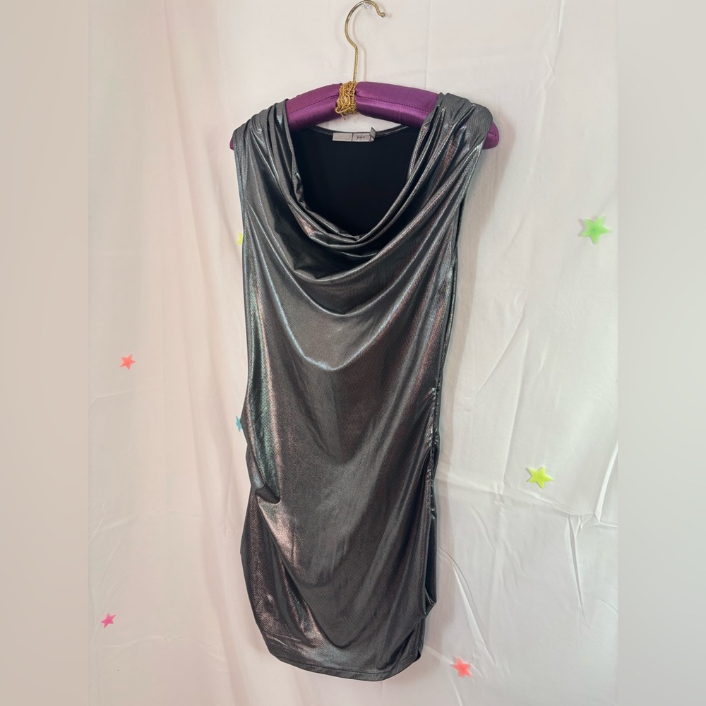Y2K Style Metallic Sleeveless Mini Dress Asymmetrical Hem Sizeโ S